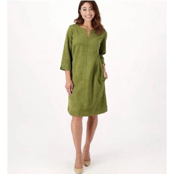 Isaac Mizrahi Live! Extra Small Faux Suede Basil Olive Green Shift Dress - Picture 1 of 9